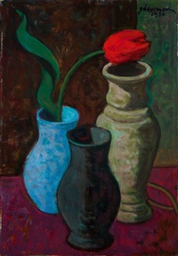 Móric Gábor: untitled (still life with red tulip and three vases)